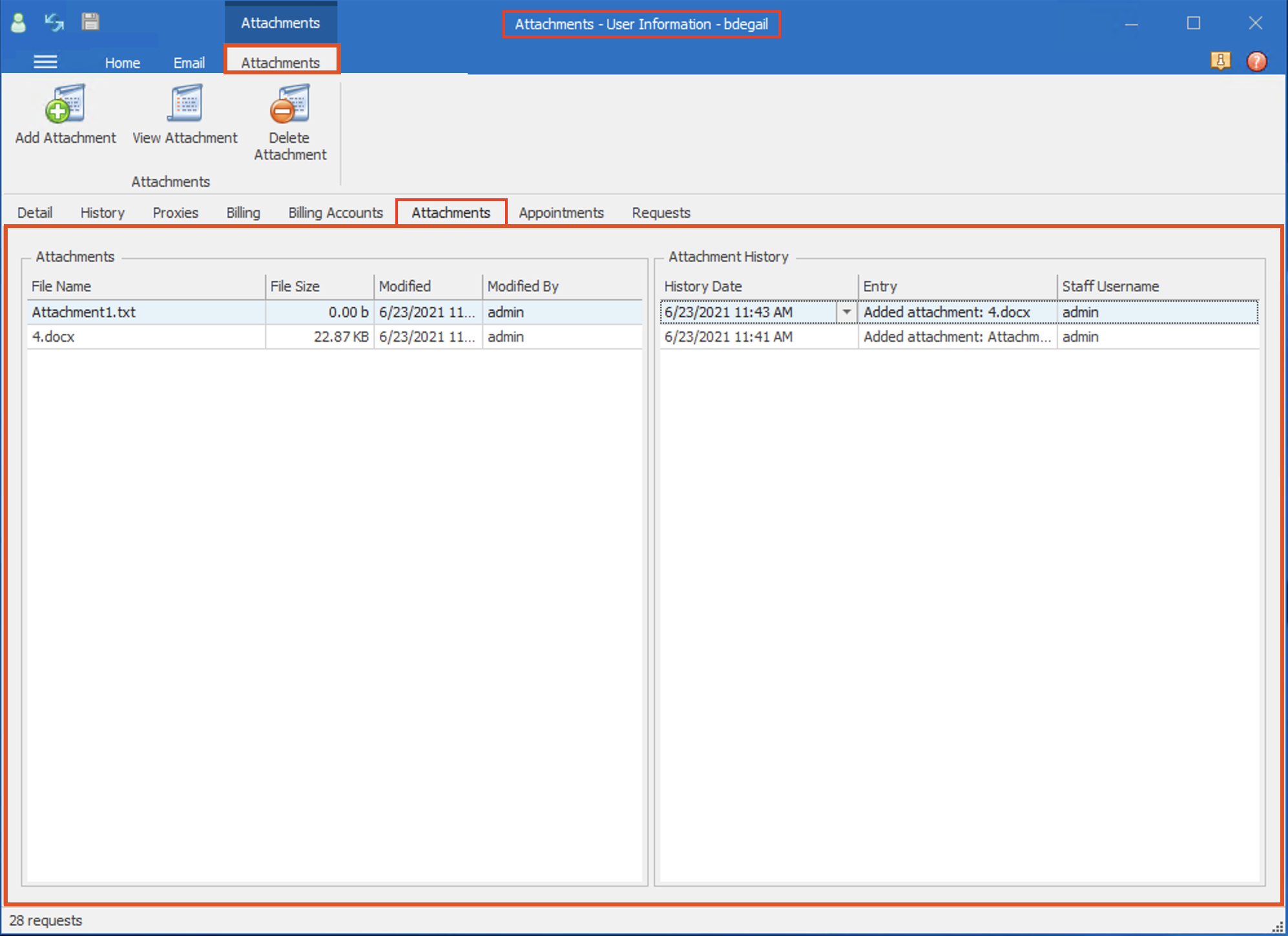 Attachments tab highlighted on User Information form